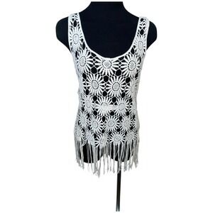 Sugar Lips Tank Top Women S Crochet Fringe Cream Floral Festival Open Knit Boho